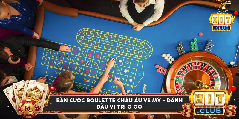 Bố cục bàn cược so sánh roulette châu Âu và roulette Mỹ, đánh dấu ô 00